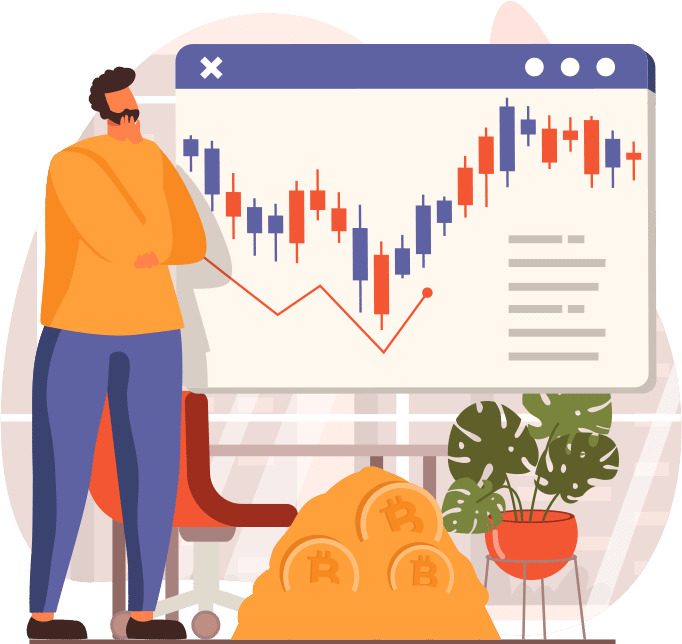 A cartoon man standing next to a candlestick graph and a pile of bitcoin