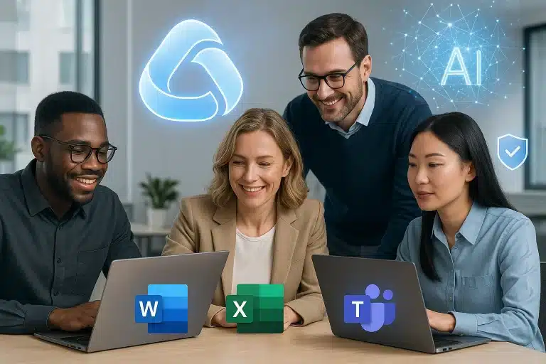 Empower your organisation with Microsoft 365 Copilot, deployed securely by F1 Group. This image represents AI-enhanced productivity, responsible data use, and seamless collaboration through Microsoft 365 tools such as Word, Excel, and Teams.