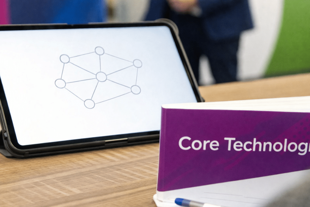 - Pioneering IT Solutions | F1Group in Lincoln & Nottingham A tablet shows a diagram of SDN, Sase, and AIOps concepts, alongside a 'Core Technologies' binder.