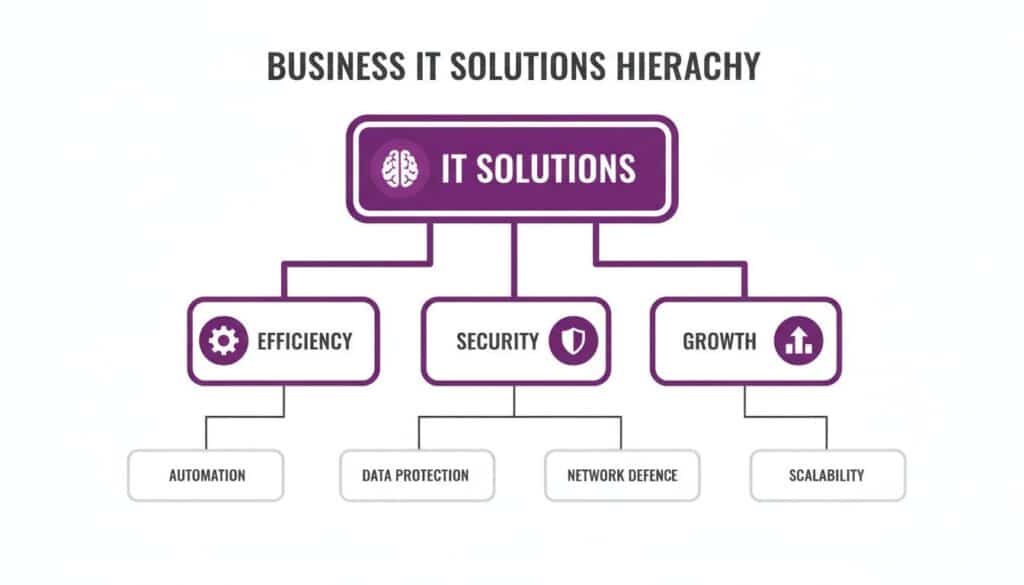 - Pioneering IT Solutions | F1Group in Lincoln & Nottingham A hierarchical diagram illustrating business IT solutions categorized into efficiency, security, and growth with sub-components.