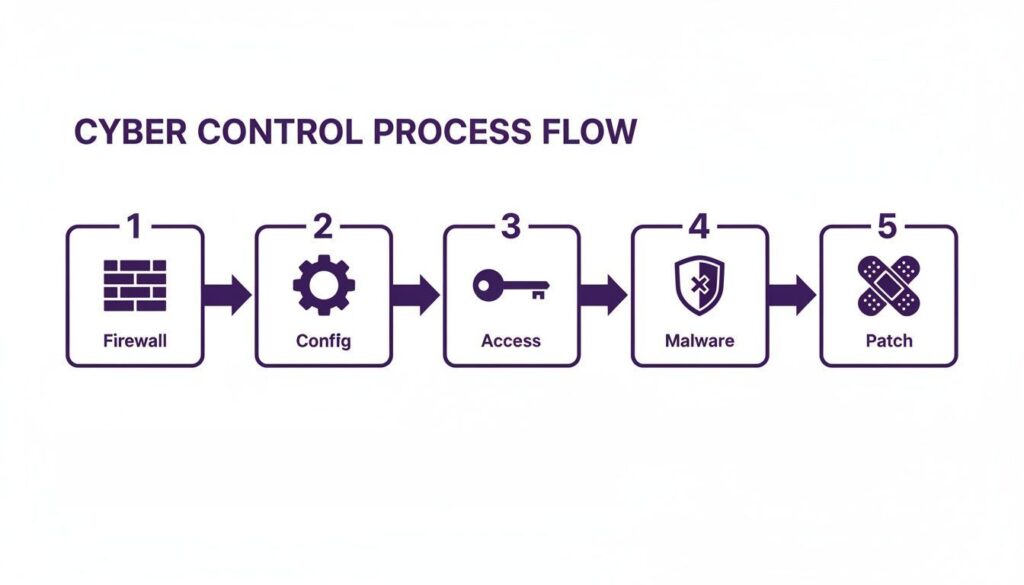 Cyber Control Process Flow A cybersecurity process flow diagram showing firewall, configuration, access, malware, and patch management steps.