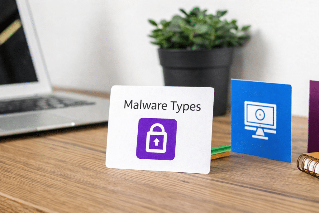 - Pioneering IT Solutions | F1Group in Lincoln & Nottingham White card titled 'Malware Types' with a purple lock, alongside computer icon on a wooden desk.