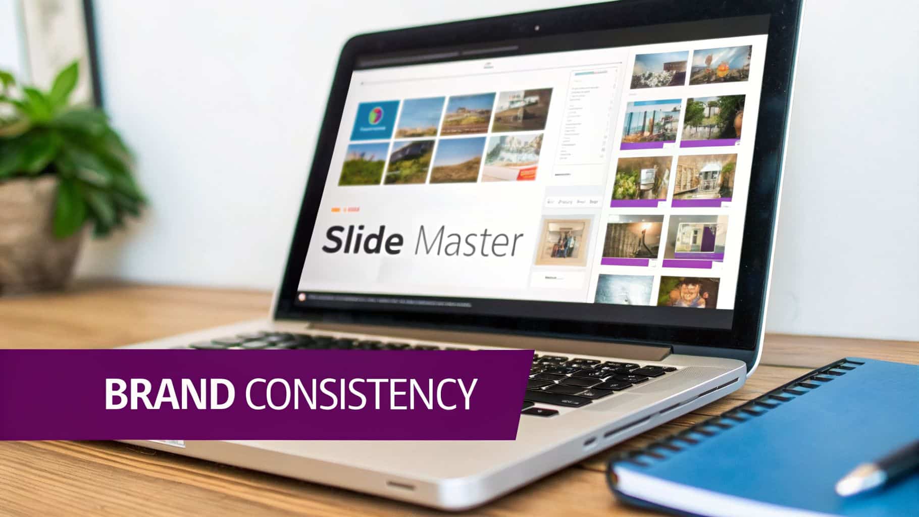 A laptop displaying 'Slide Master' software with image thumbnails, next to a 'BRAND CONSISTENCY' banner.