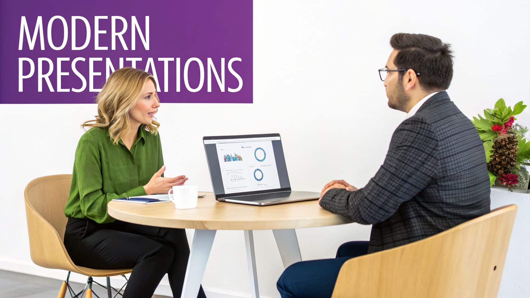Two professionals discussing data on a laptop at a table, banner says 'Modern Presentations'.