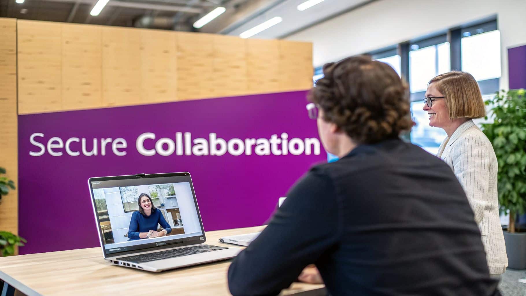 Two professionals in an office engage in a video call, fostering secure collaboration.