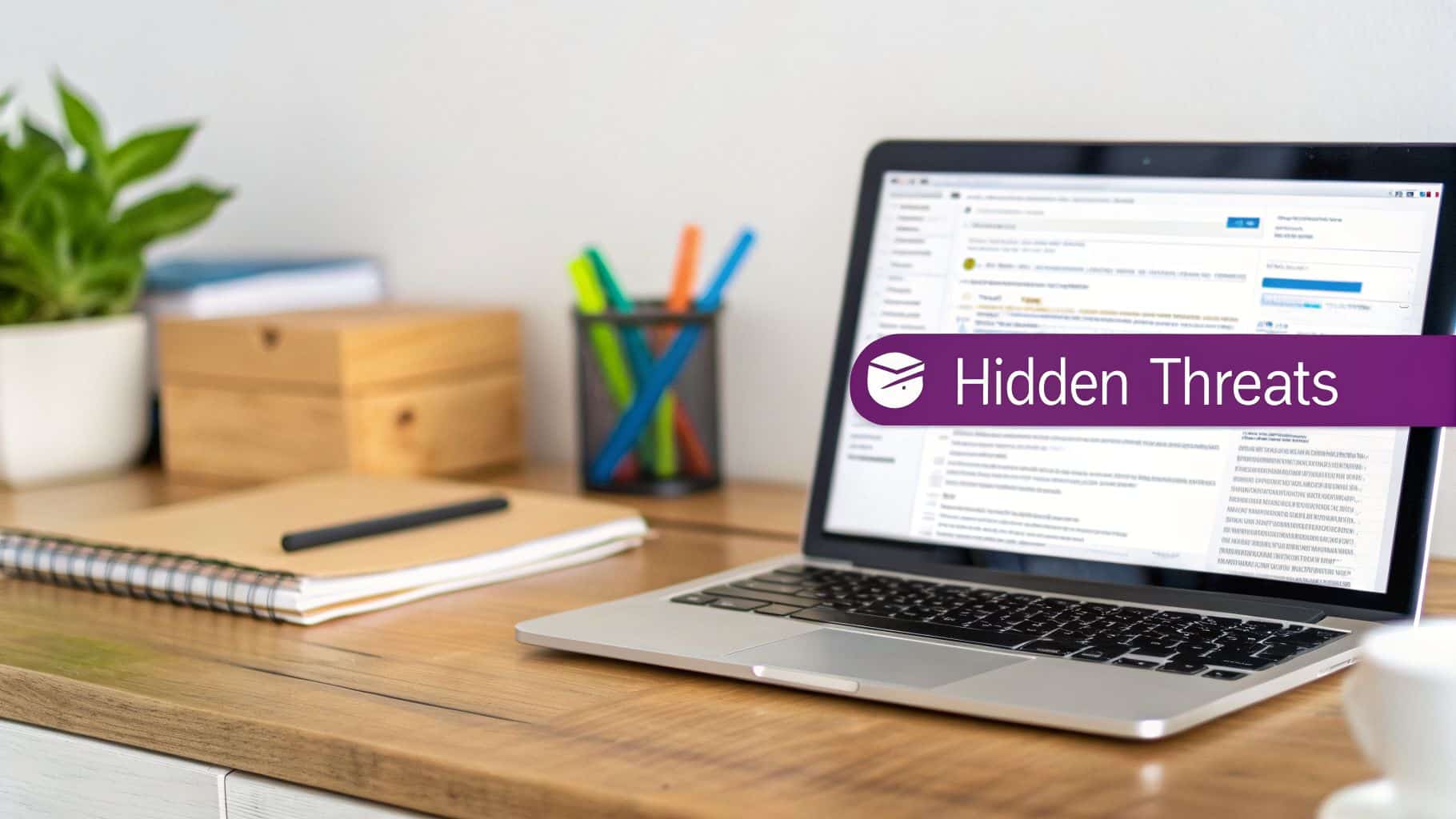 A laptop on a wooden desk displays an email client with a purple banner 'Hidden Threats' and an envelope icon.