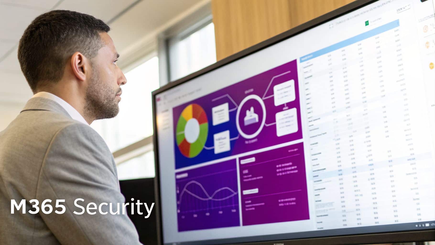 A man in a suit focused on a large monitor displaying an M365 Security dashboard with charts and data.