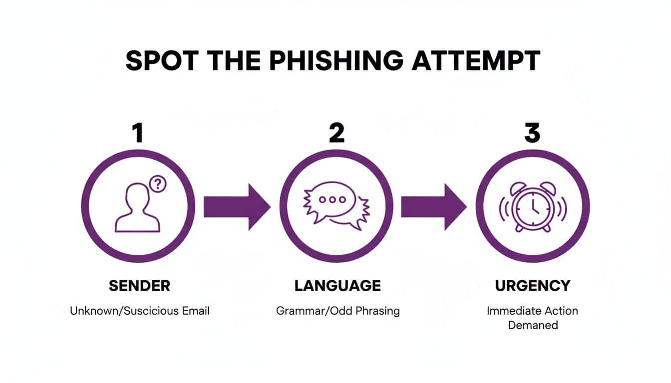 A diagram illustrating three key steps to spot a phishing attempt: sender, language, and urgency cues.
