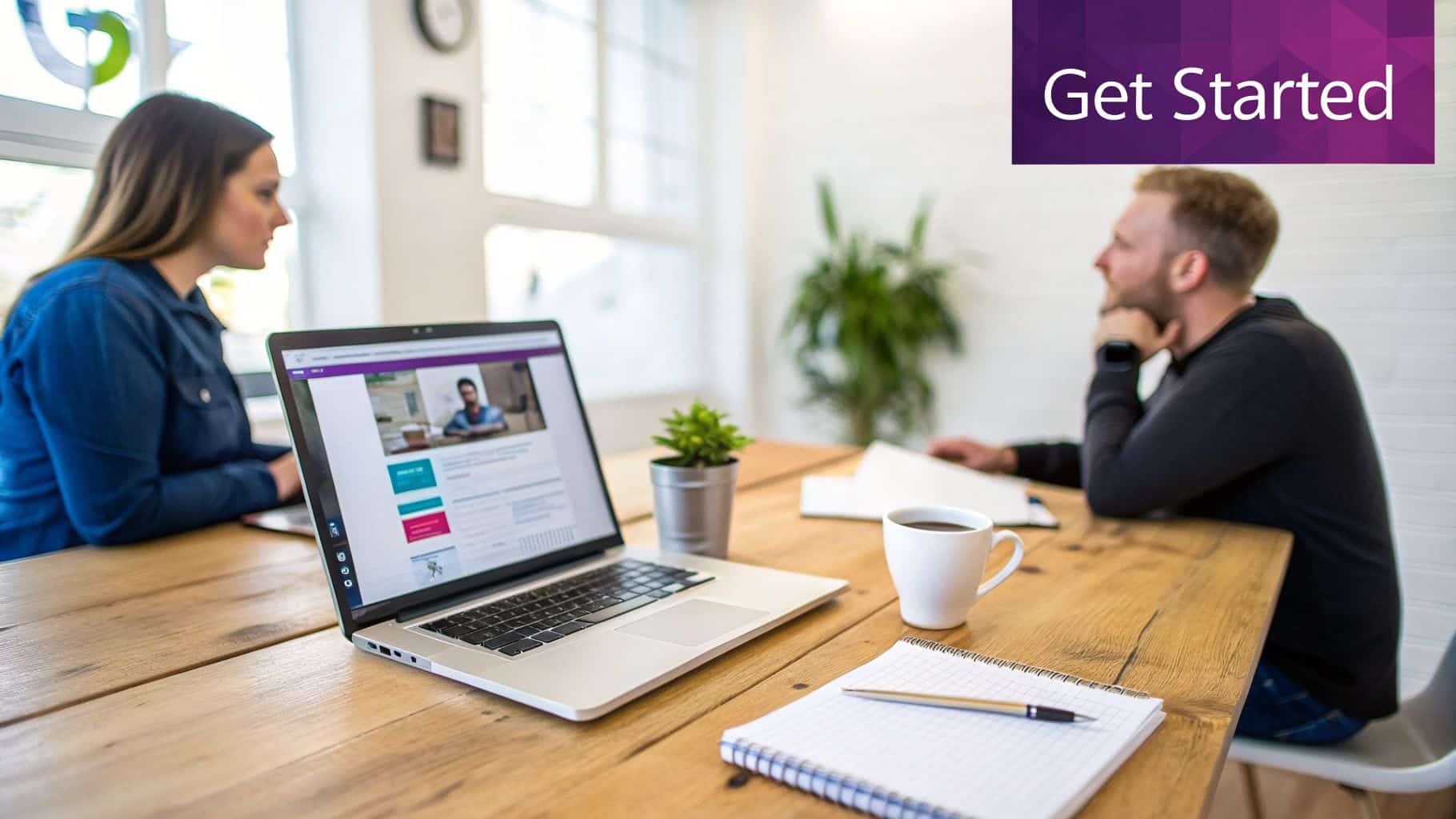 Two people collaborating at a table with a laptop, coffee, and notepad in an office setting.