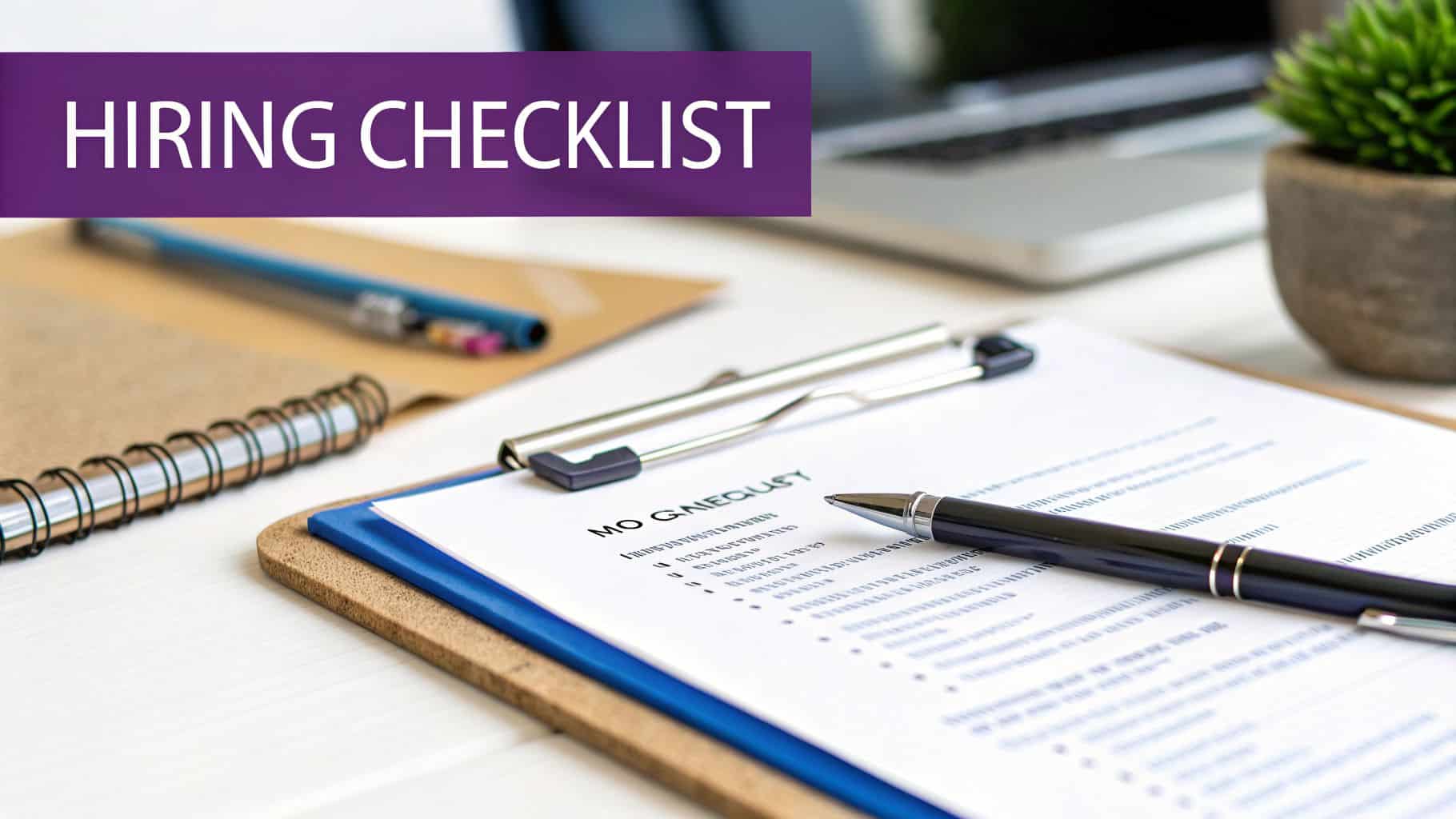 A desk with a "HIRING CHECKLIST" banner, clipboard, pen, notebook, and laptop, emphasizing recruitment tasks.