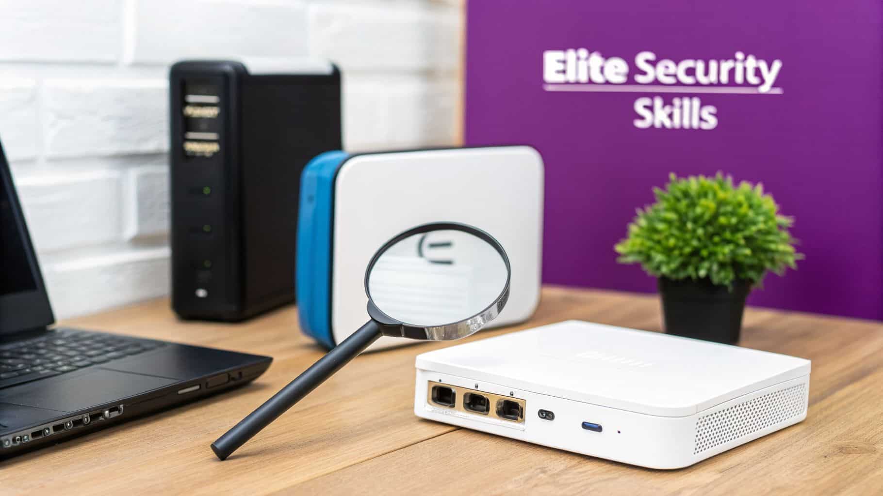 A desk with a laptop, network devices, a magnifying glass, and an 'Elite Security Skills' sign.