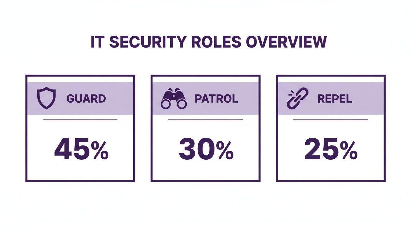 An overview of IT security roles: Guard (45%), Patrol (30%), and Repel (25%).