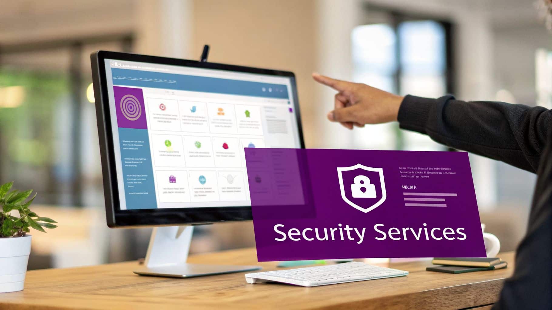 A person points at a computer screen displaying 'Security Services' with a shield icon, indicating IT protection.