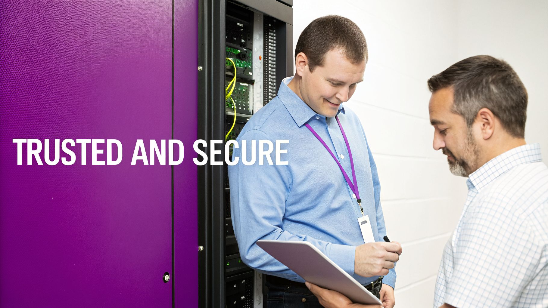 Two IT professionals in a data centre discussing server infrastructure, symbolizing trusted and secure IT solutions.