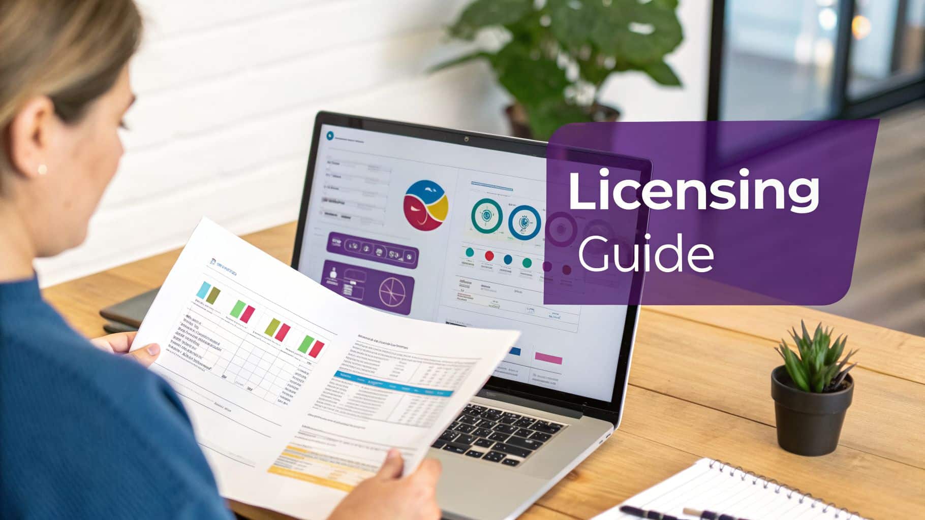 A woman reviews a licensing guide document with data charts next to a laptop displaying business analytics.