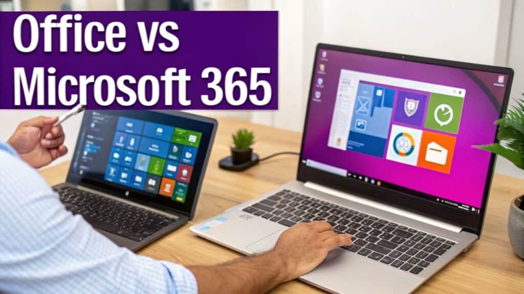 - Pioneering IT Solutions | F1Group in Lincoln & Nottingham Two people using laptops on a wooden desk, one displaying 'Office vs Microsoft 365' title.