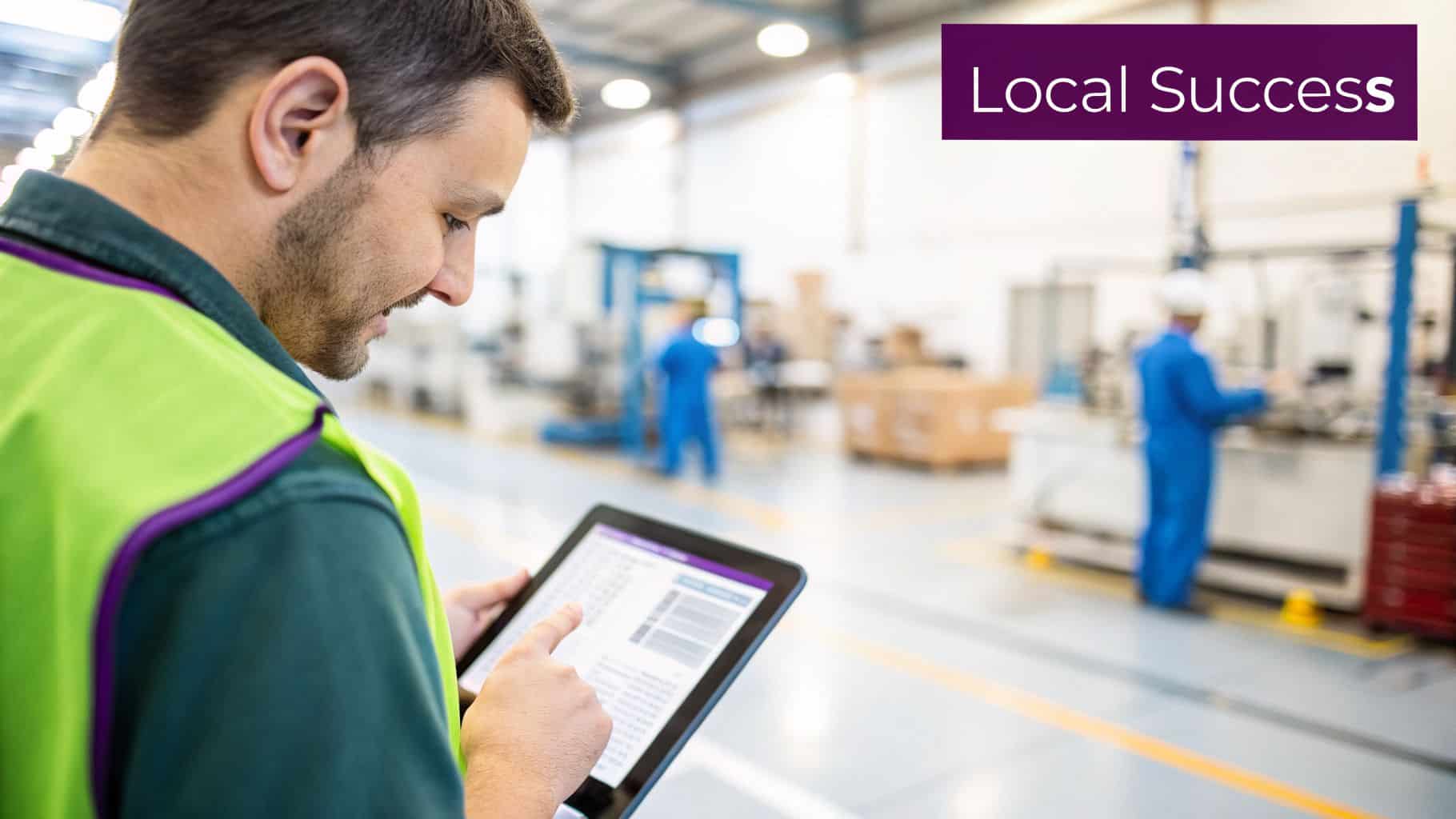 Man in a high-vis vest operating a tablet in an industrial warehouse setting.
