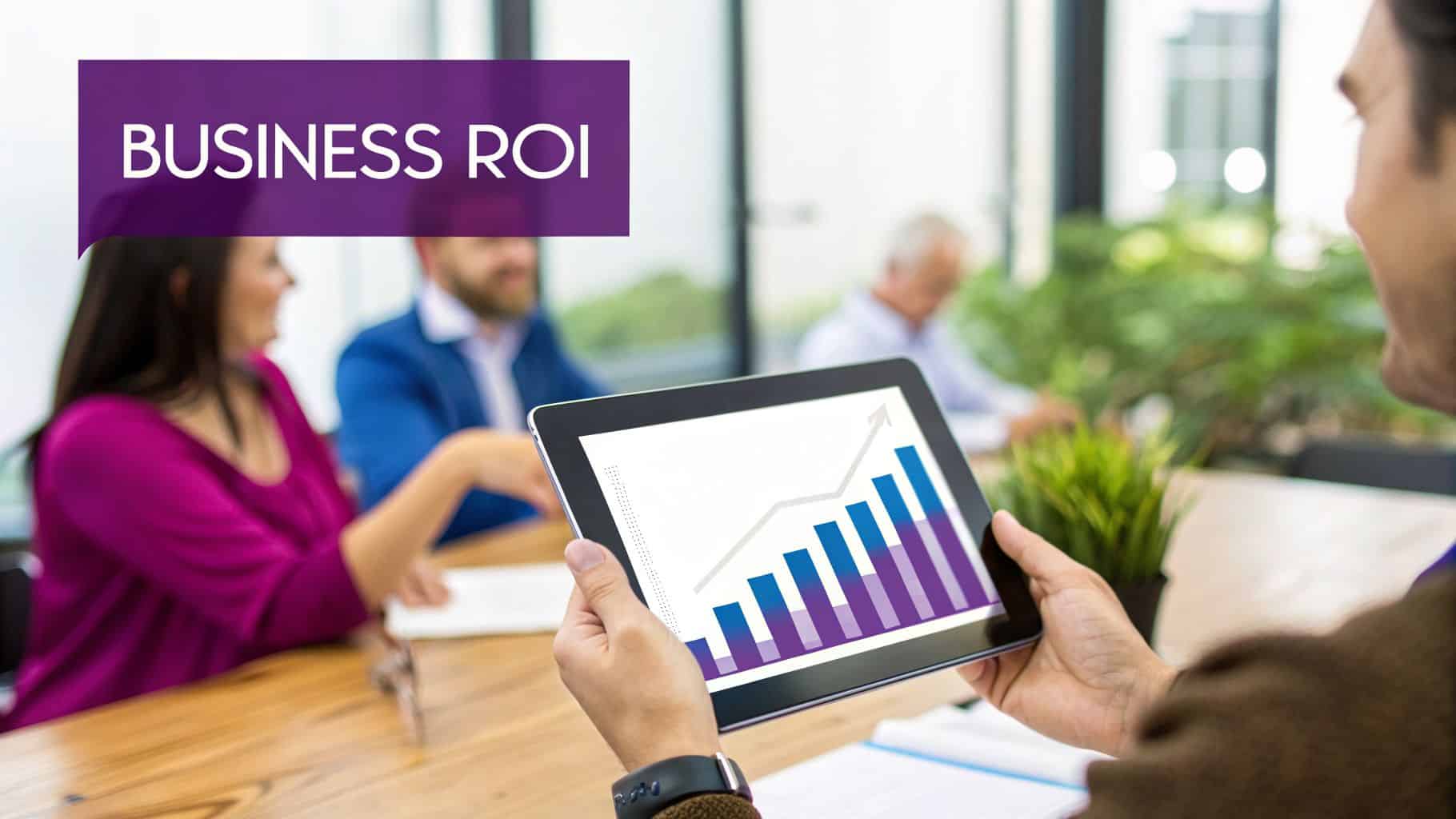A man holds a tablet displaying a bar chart showing business ROI growth during a meeting.