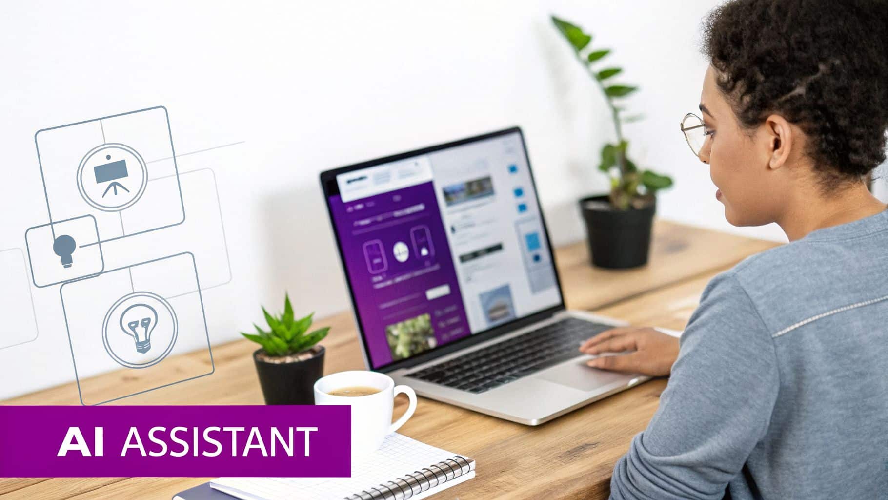 A woman uses a laptop on a wooden desk with a coffee cup and plants, banner says 'AI ASSISTANT'.