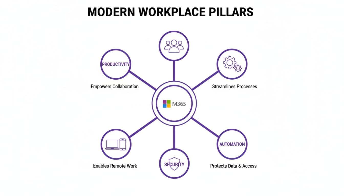 Diagram of Modern Workplace Pillars powered by M365, focusing on productivity, collaboration, security, and remote work.
