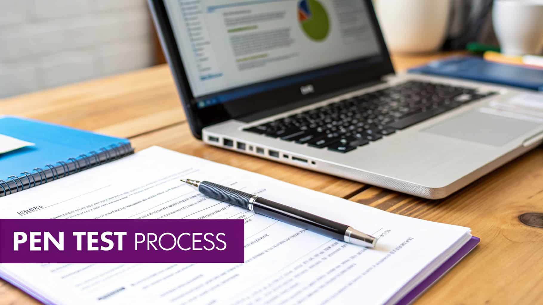 Close-up of a pen, papers, and laptop on a wooden desk, illustrating a pen test process.