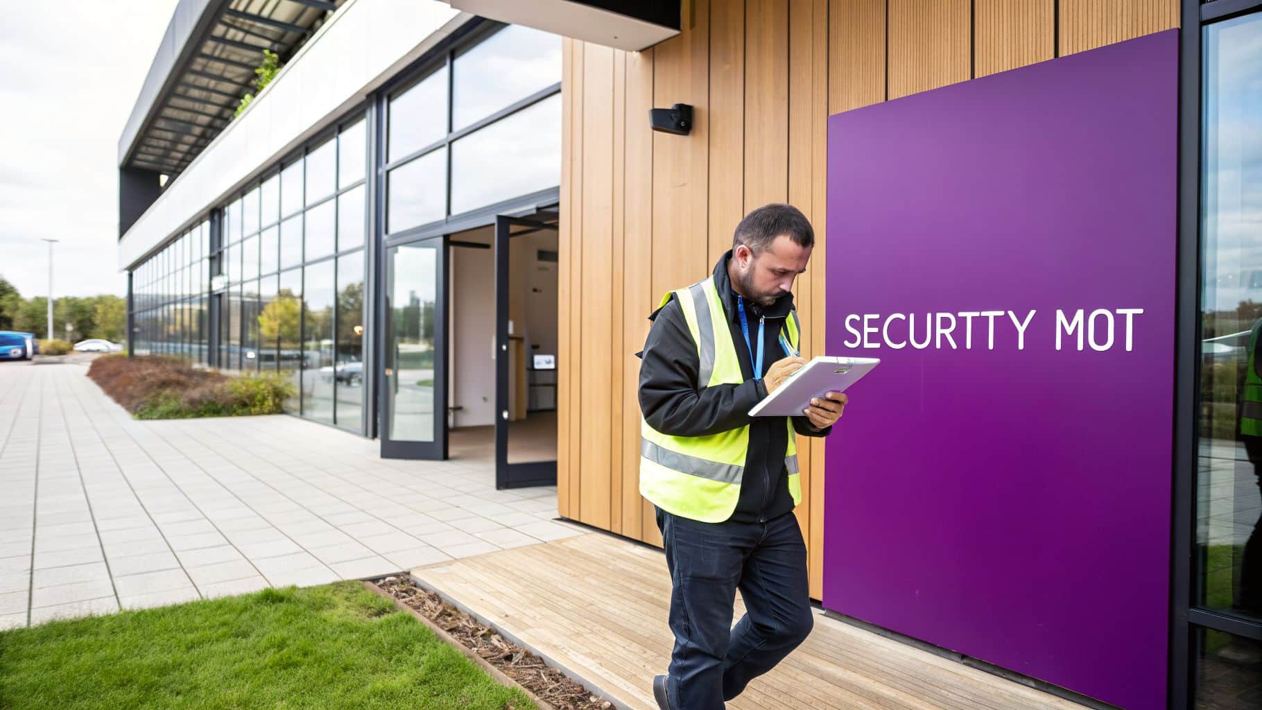 A security guard in a high-vis vest writes on a clipboard next to a purple 'SECURITY MOT' sign.