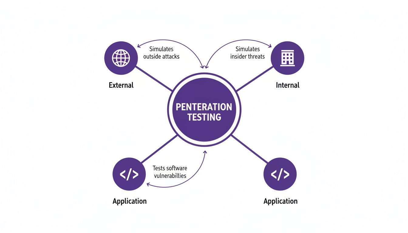 A diagram illustrating four types of penetration testing: external, internal, and application security.