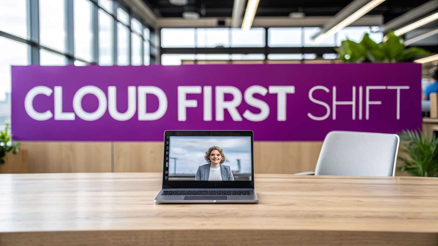 A laptop with a woman on a video call on a wooden desk, in front of a 'CLOUD FIRST SHIFT' sign in a modern office.