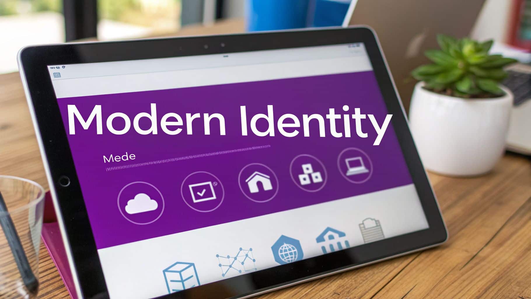 A tablet displaying 'Modern Identity' on a purple screen, surrounded by business icons on a wooden desk.