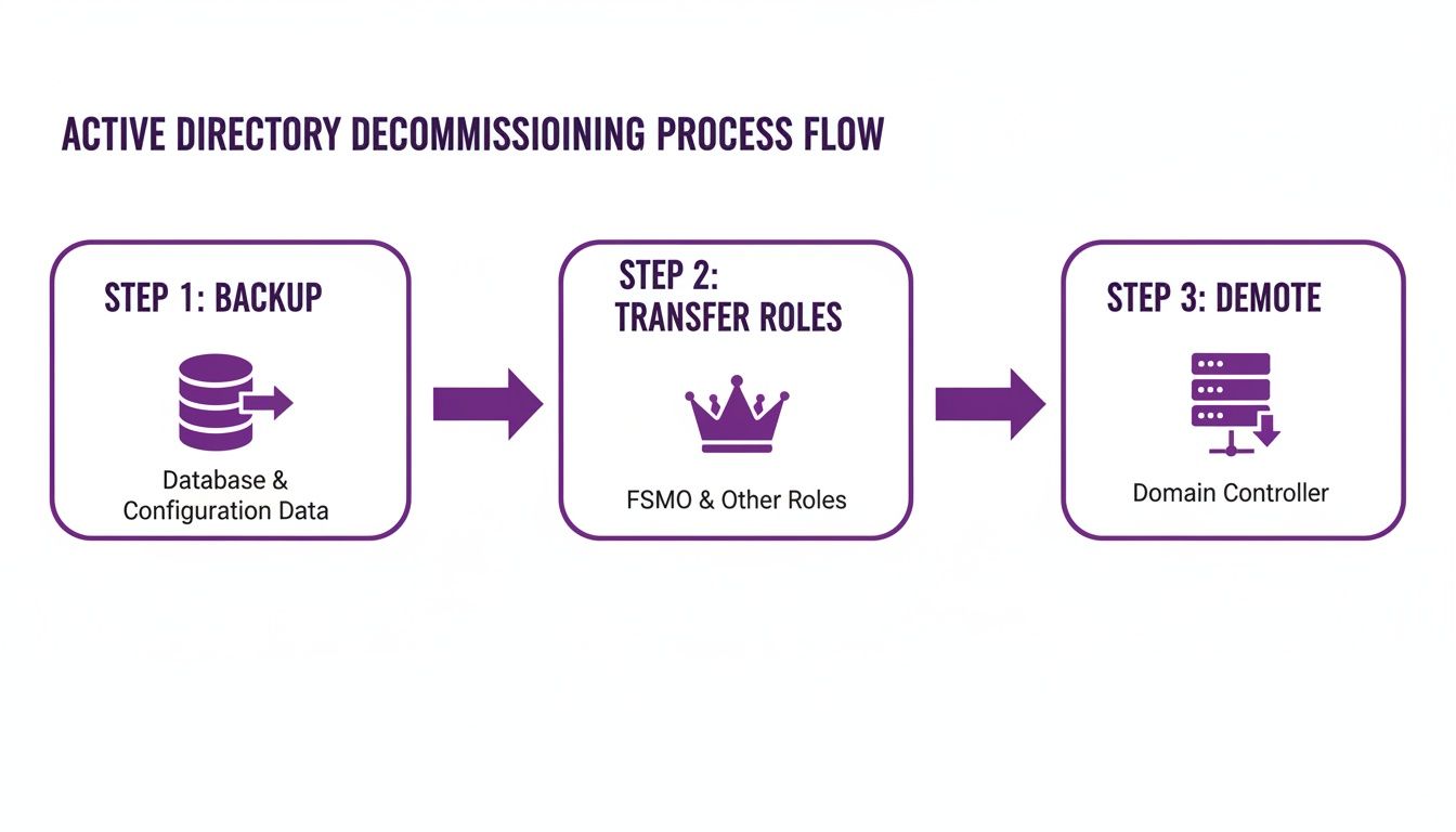A process flow diagram illustrating three steps for Active Directory decommissioning: backup, transfer roles, and demote.