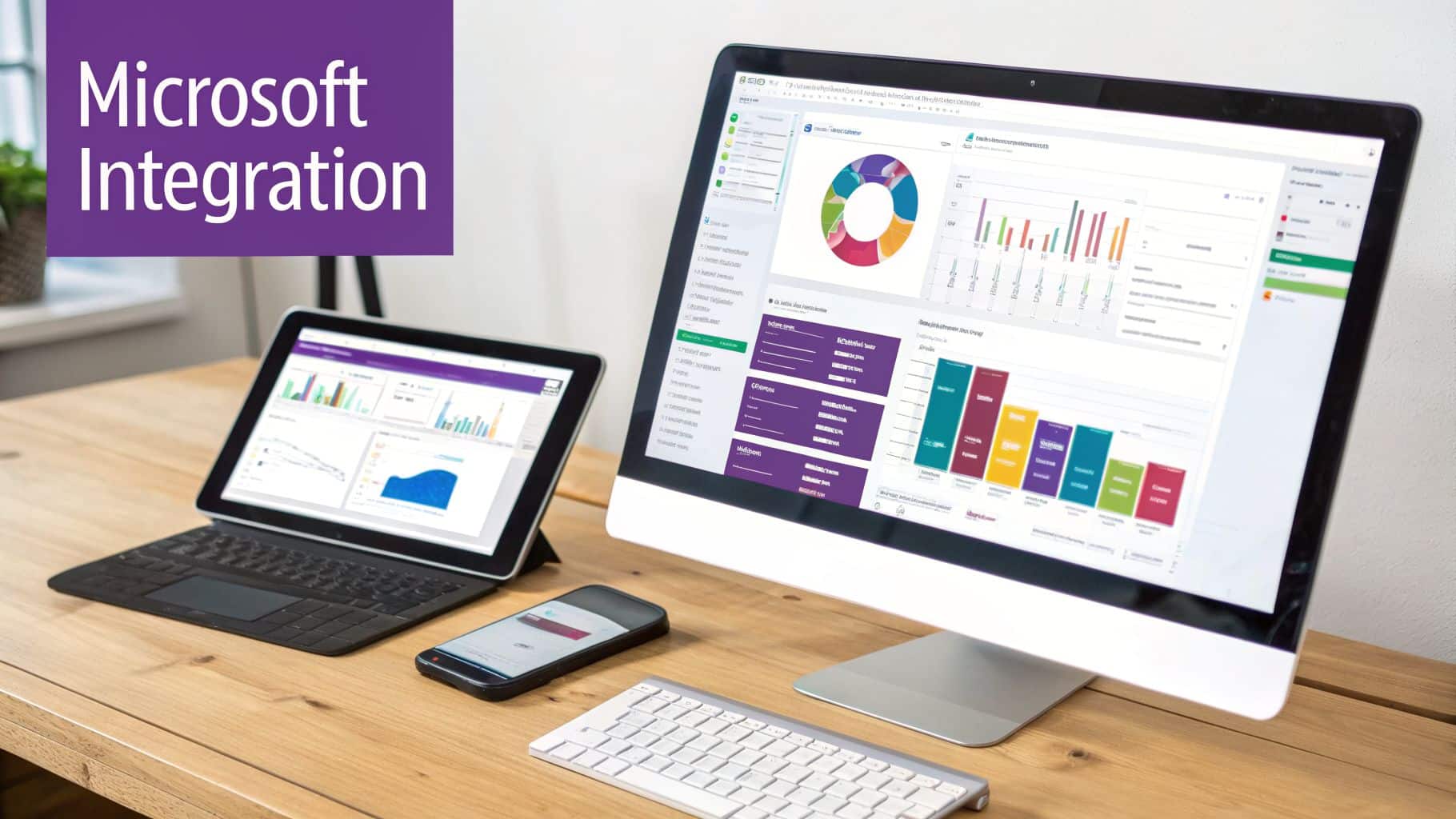 Multiple devices on a wooden desk displaying Microsoft Integration data dashboards with various charts.