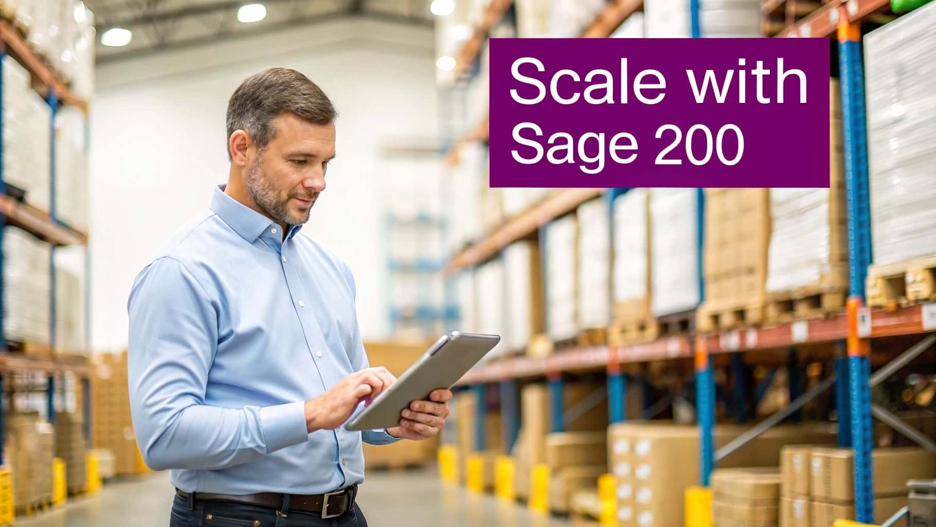 Man in a modern warehouse using a tablet, with 'Scale with Sage 200' text overlay.