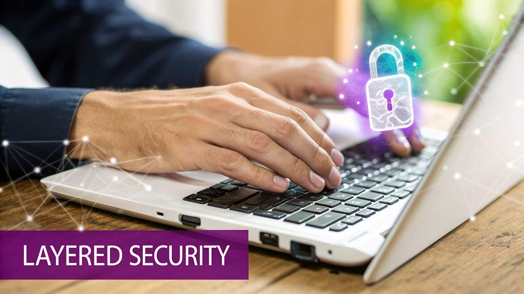 Person typing on a laptop with a glowing digital lock icon and network lines, symbolizing layered security.