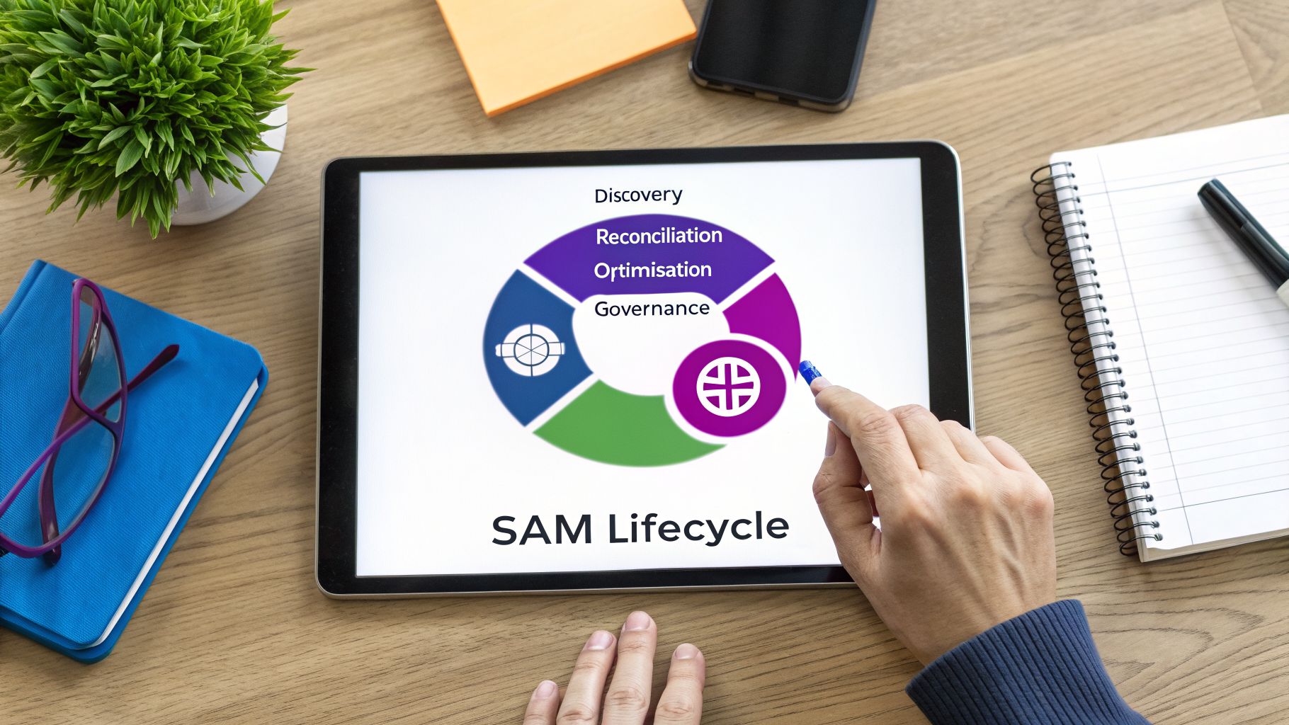 Hands interacting with a tablet displaying the SAM Lifecycle diagram: Discovery, Reconciliation, Optimisation, Governance.