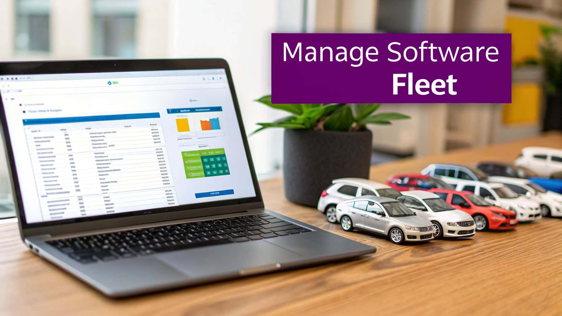 A laptop displays software management data next to a row of miniature cars, with text 'Manage Software Fleet'.