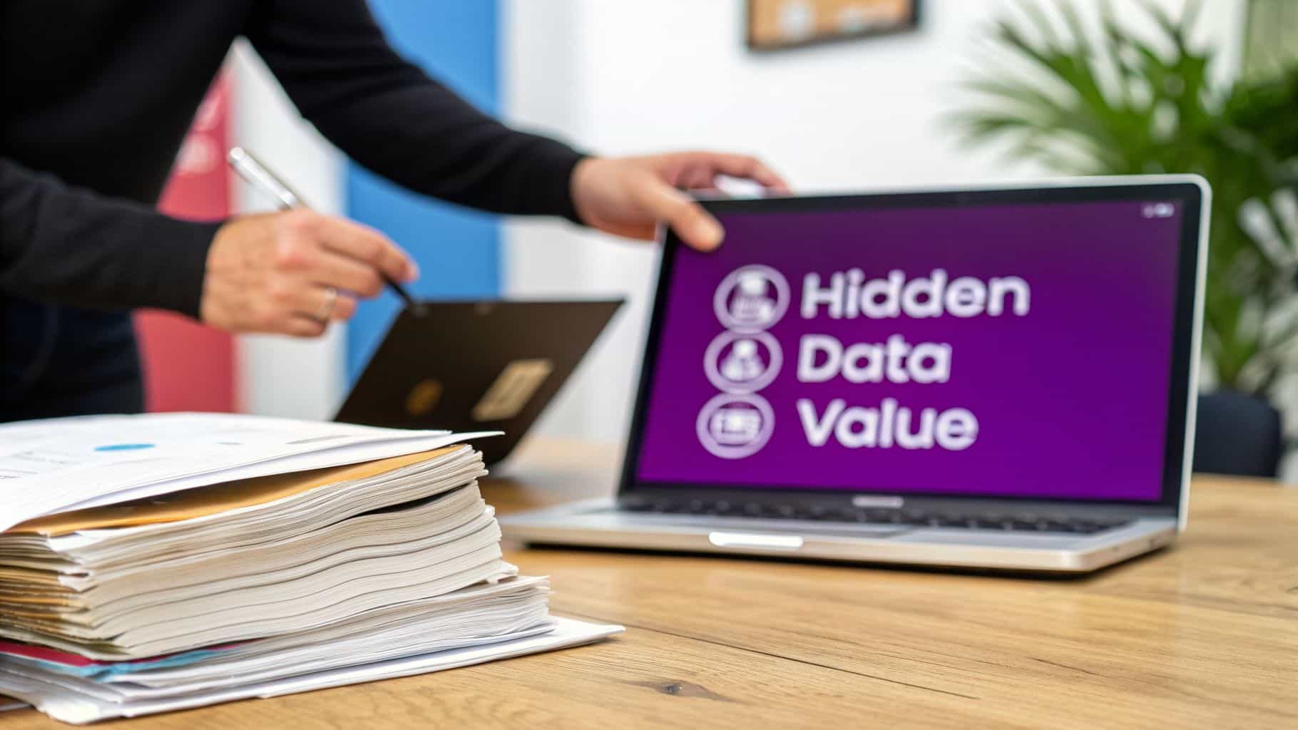 Person working at a desk with a laptop displaying 'Hidden Data Value', a stack of papers, and a clipboard.