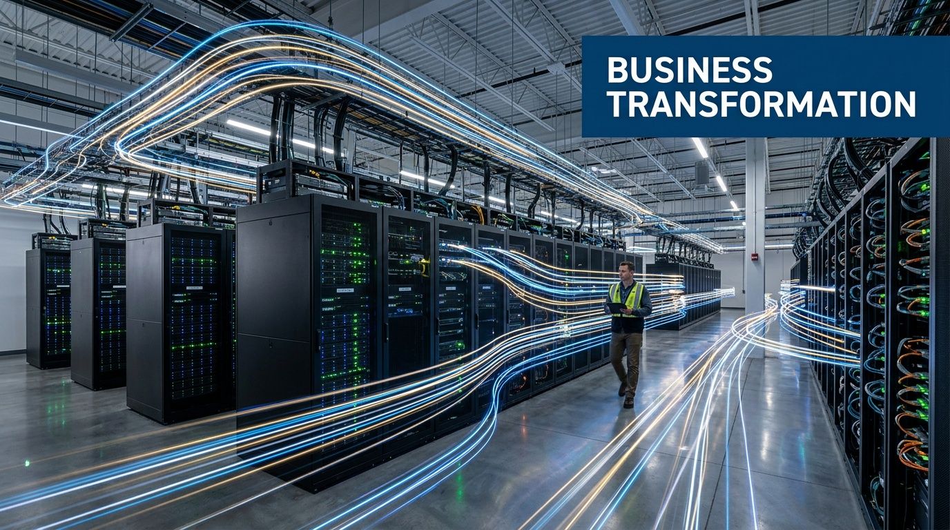 A technician walks through a modern data center with glowing light trails representing data flow and digital transformation.