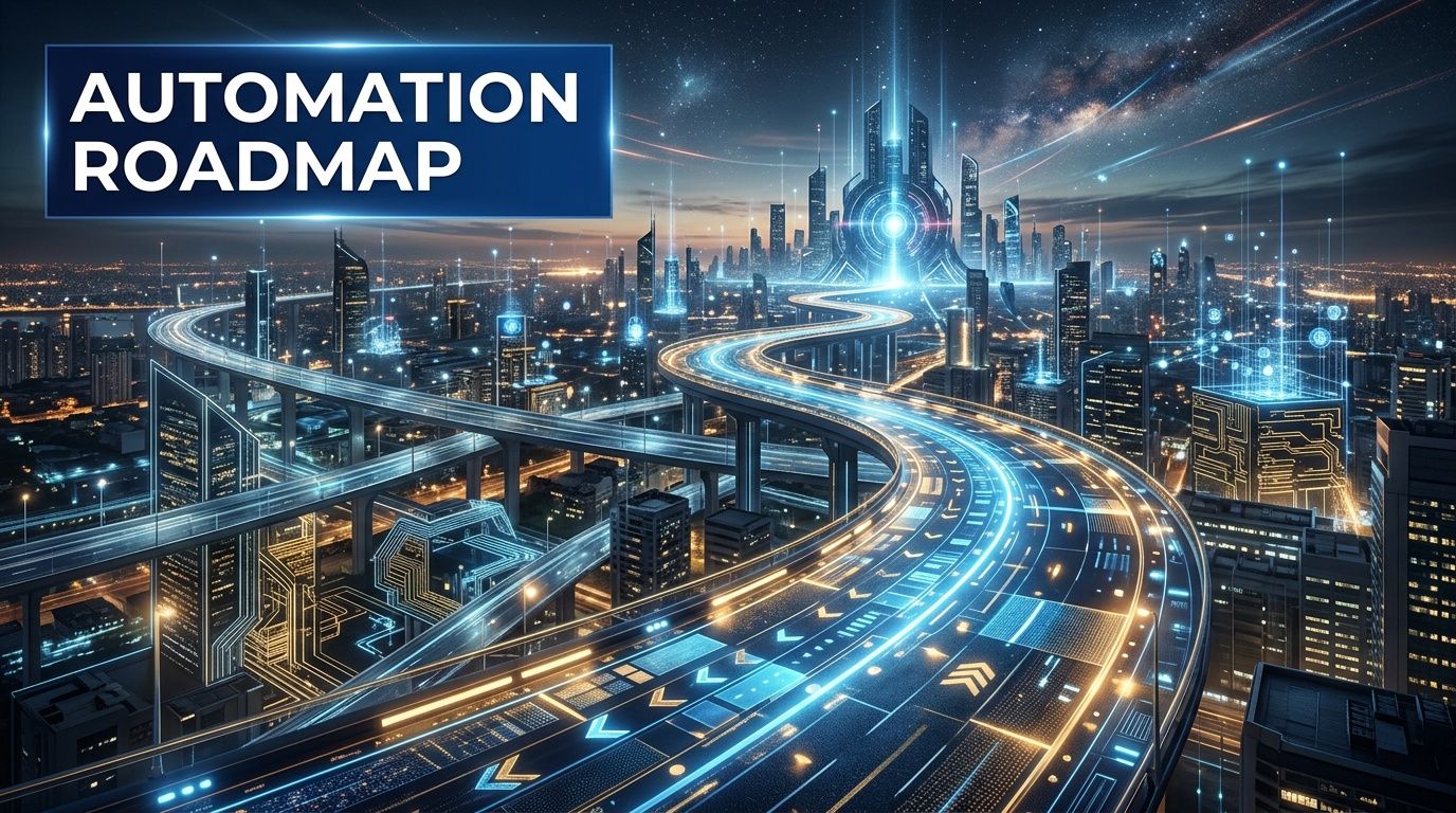 A futuristic digital city landscape featuring a glowing highway representing an advanced automation roadmap concept.