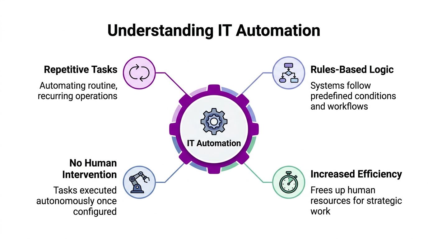 A diagram illustrating IT automation with four key components: repetitive tasks, rules-based logic, no human intervention, and efficiency.