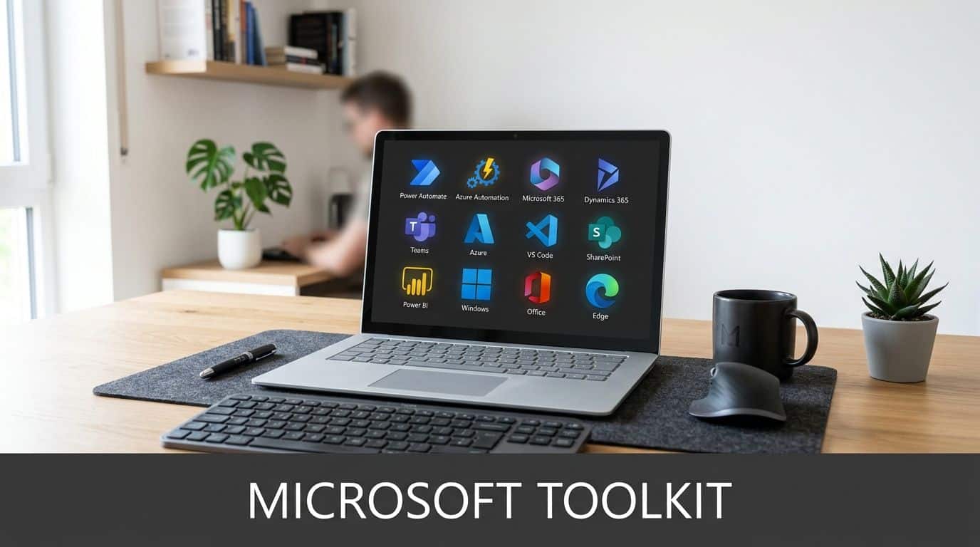 A laptop on a wooden desk displaying various Microsoft application icons against a blurred office background.