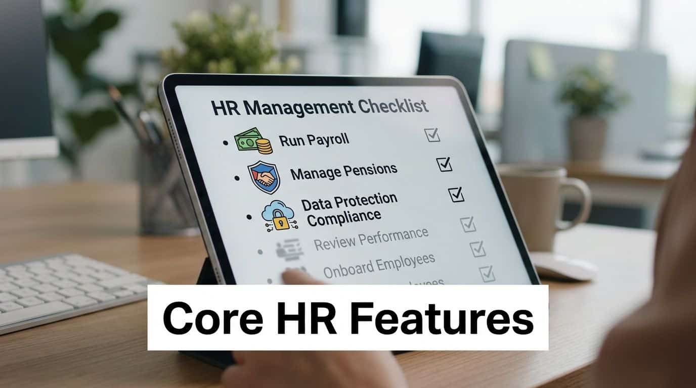 Digital tablet showing a human resources management checklist, highlighting core HR features and tasks.