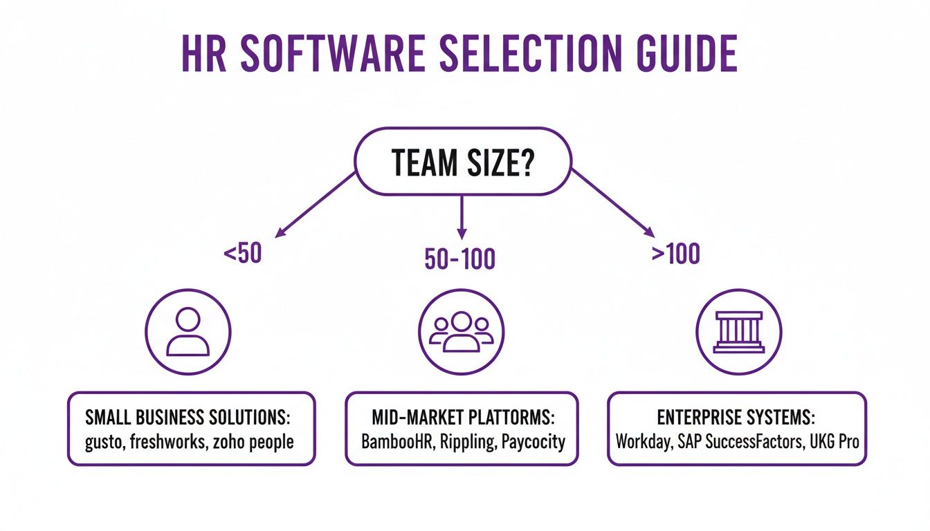 Flowchart guiding HR software selection based on team size, categorizing solutions for small businesses to enterprises.