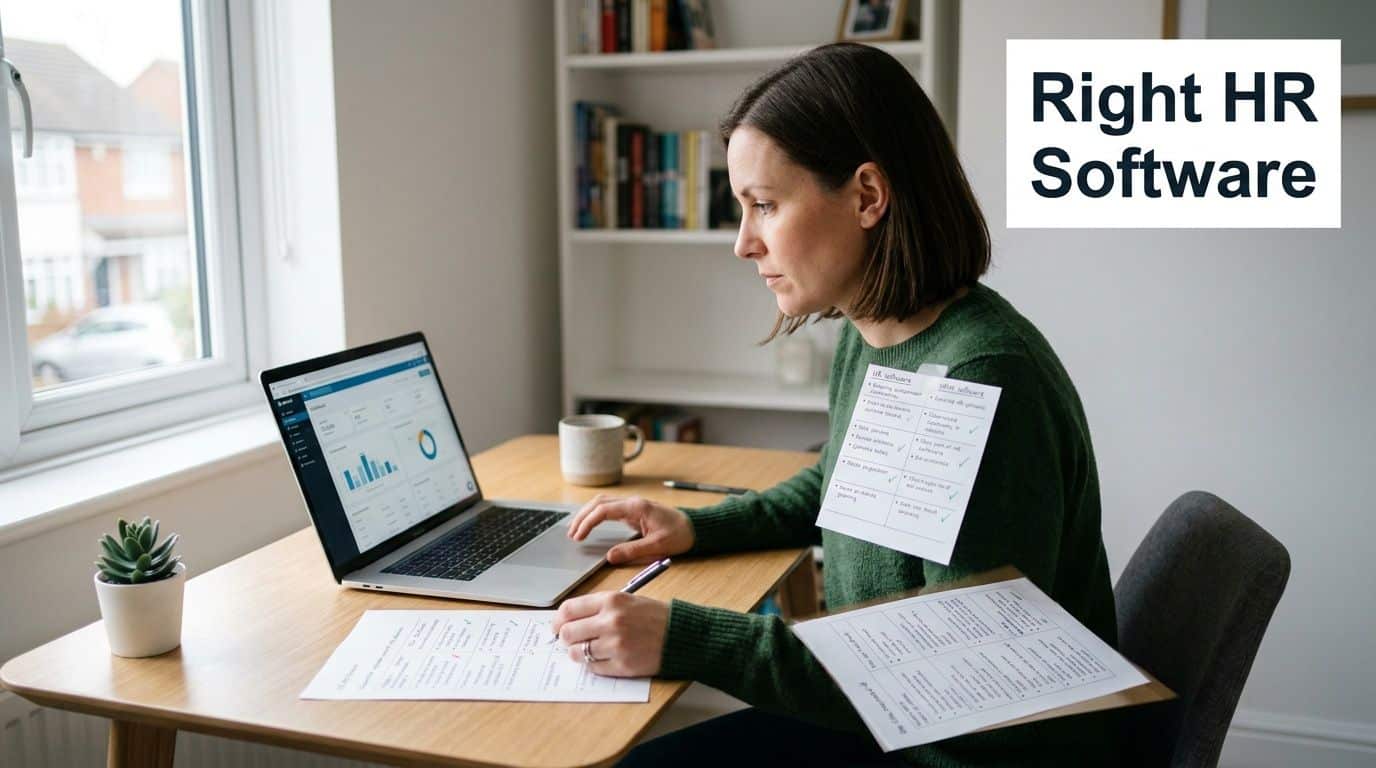 A woman evaluating HR software options on a laptop while taking notes at her desk.