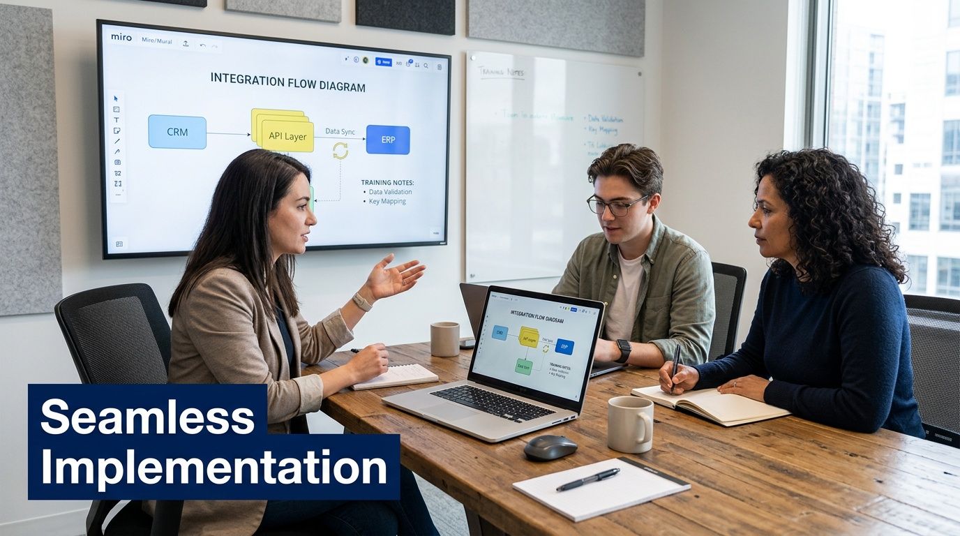 Three colleagues discuss an integration flow diagram on a large screen and laptop during a business meeting.