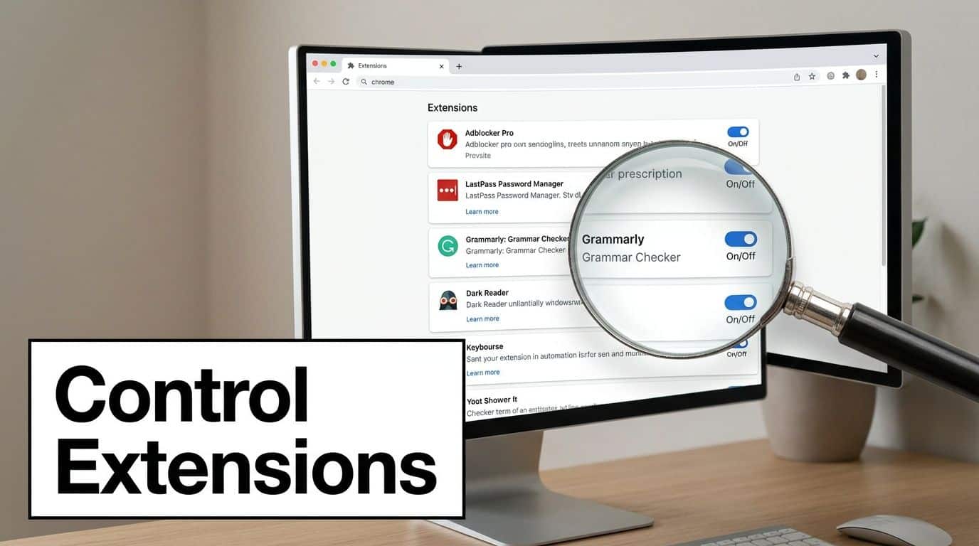 A magnifying glass highlights browser extensions on a computer screen, with 'Control Extensions' text.
