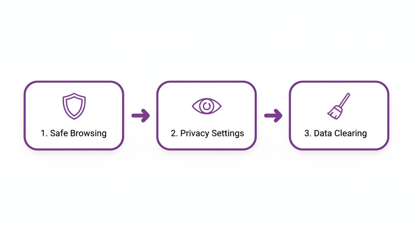 A diagram illustrating three key steps for online security: Safe Browsing, Privacy Settings, and Data Clearing.