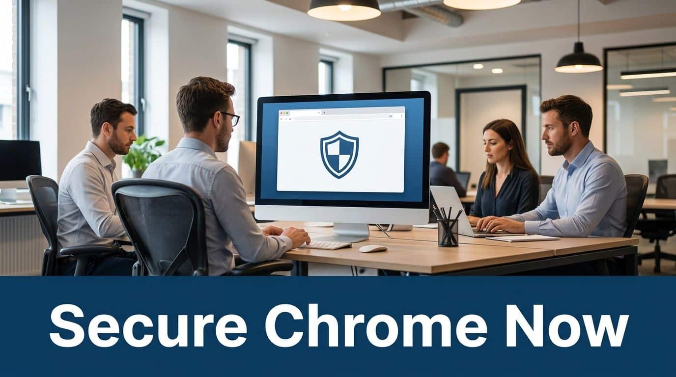 Business professionals working in an office, one observing a screen with a security shield icon, promoting Chrome security.