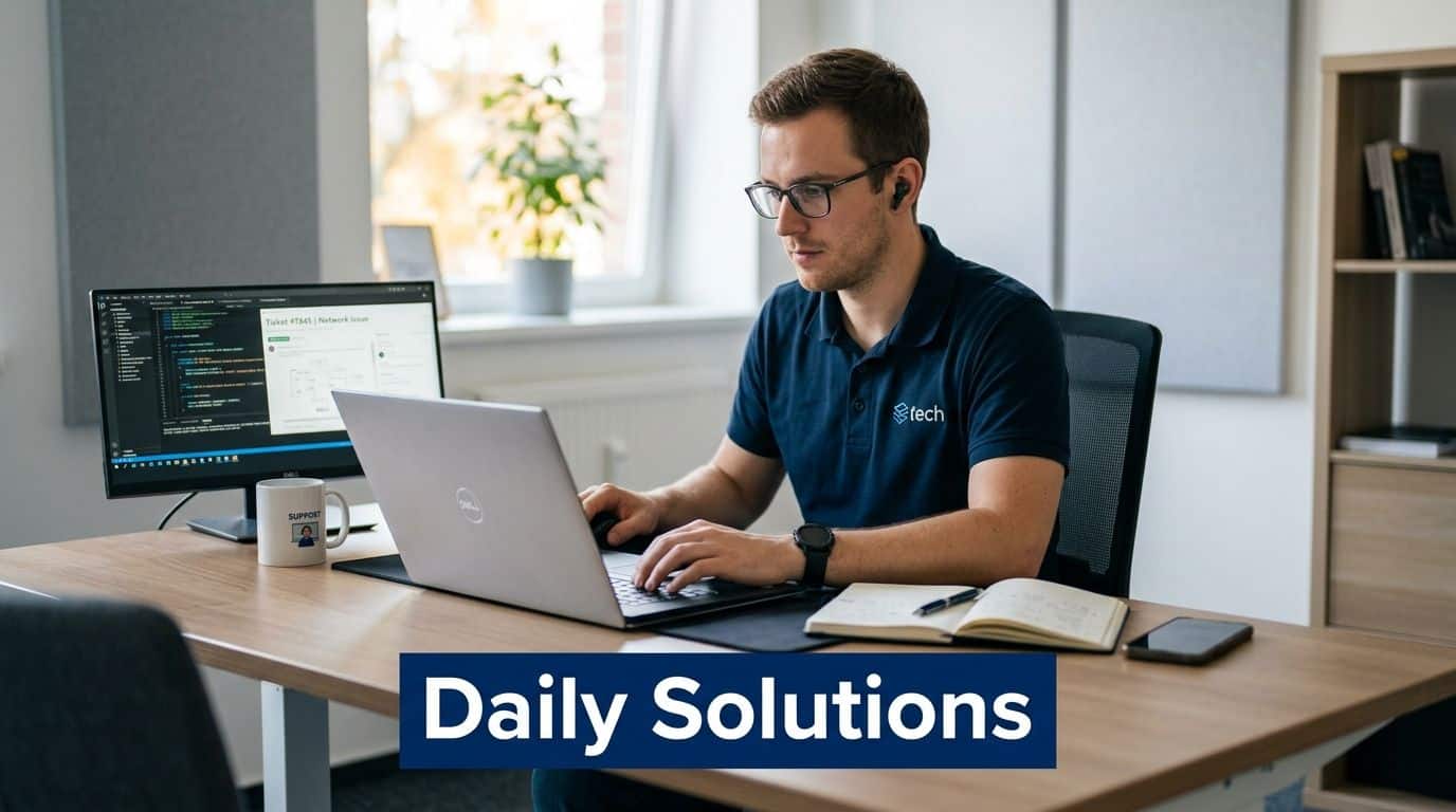 A professional IT support worker typing on a laptop at a bright, modern office workspace.