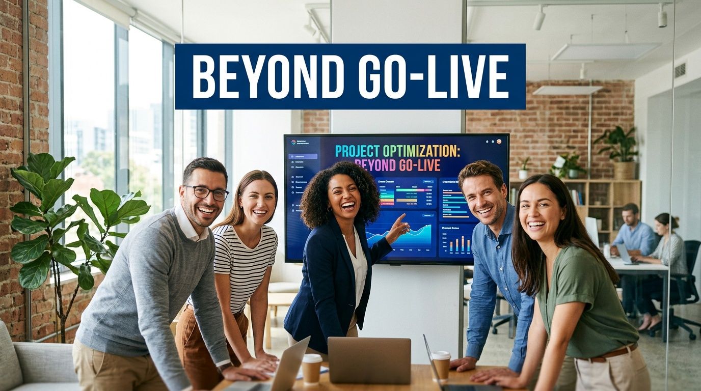 A diverse team of professionals celebrating success in a modern office with a digital dashboard display.