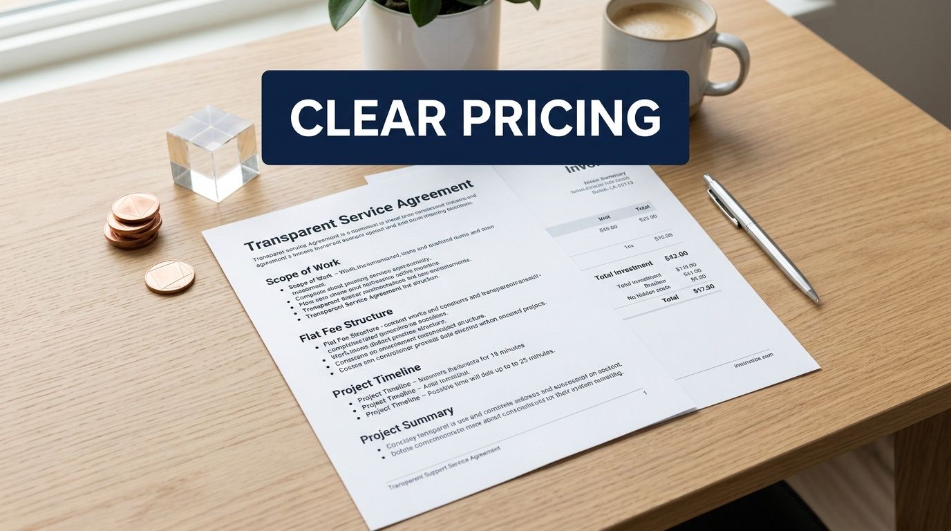 A professional desk workspace featuring a printed transparent service agreement document, pen, and coffee mug.